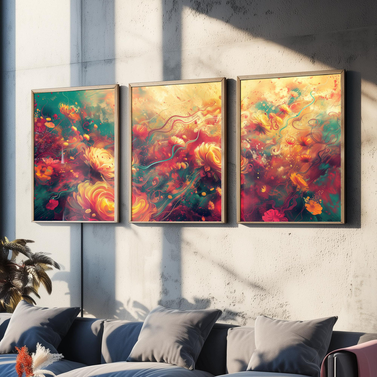 Ethereal Flowers Set of Three Art Prints - 3 Abstract Floral Posters - Teal Red Swirl Wall Art Gift Painting Botanical