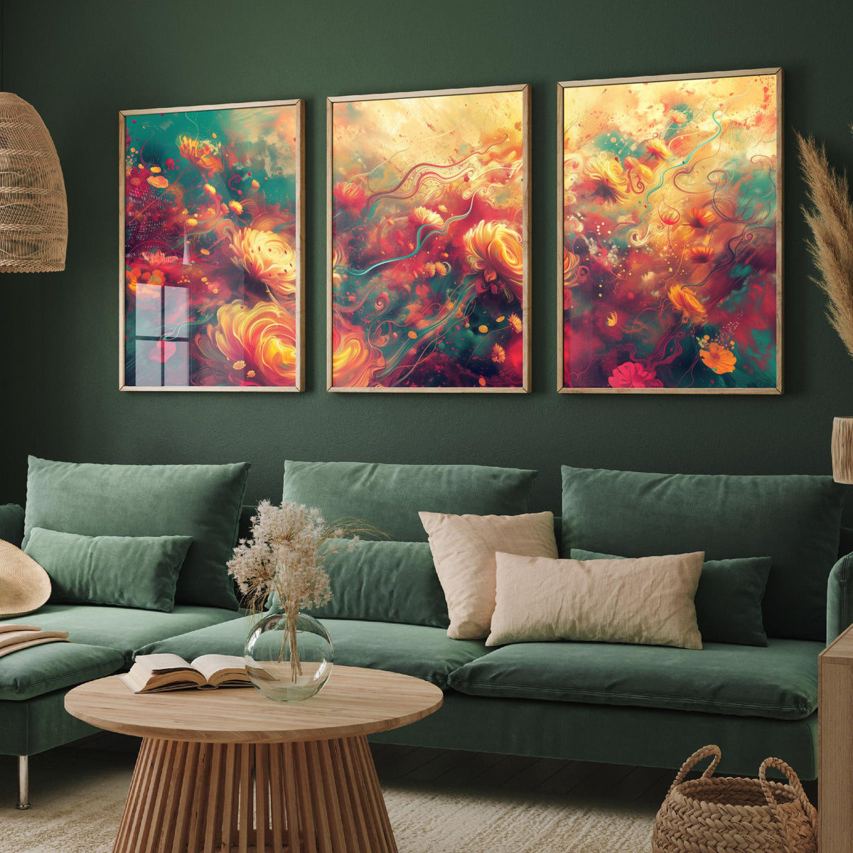 Ethereal Flowers Set of Three Art Prints - 3 Abstract Floral Posters - Teal Red Swirl Wall Art Gift Painting Botanical