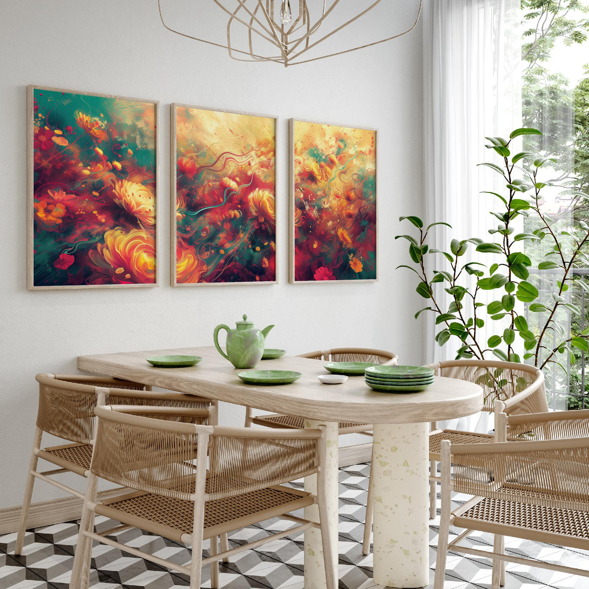 Ethereal Flowers Set of Three Art Prints - 3 Abstract Floral Posters - Teal Red Swirl Wall Art Gift Painting Botanical
