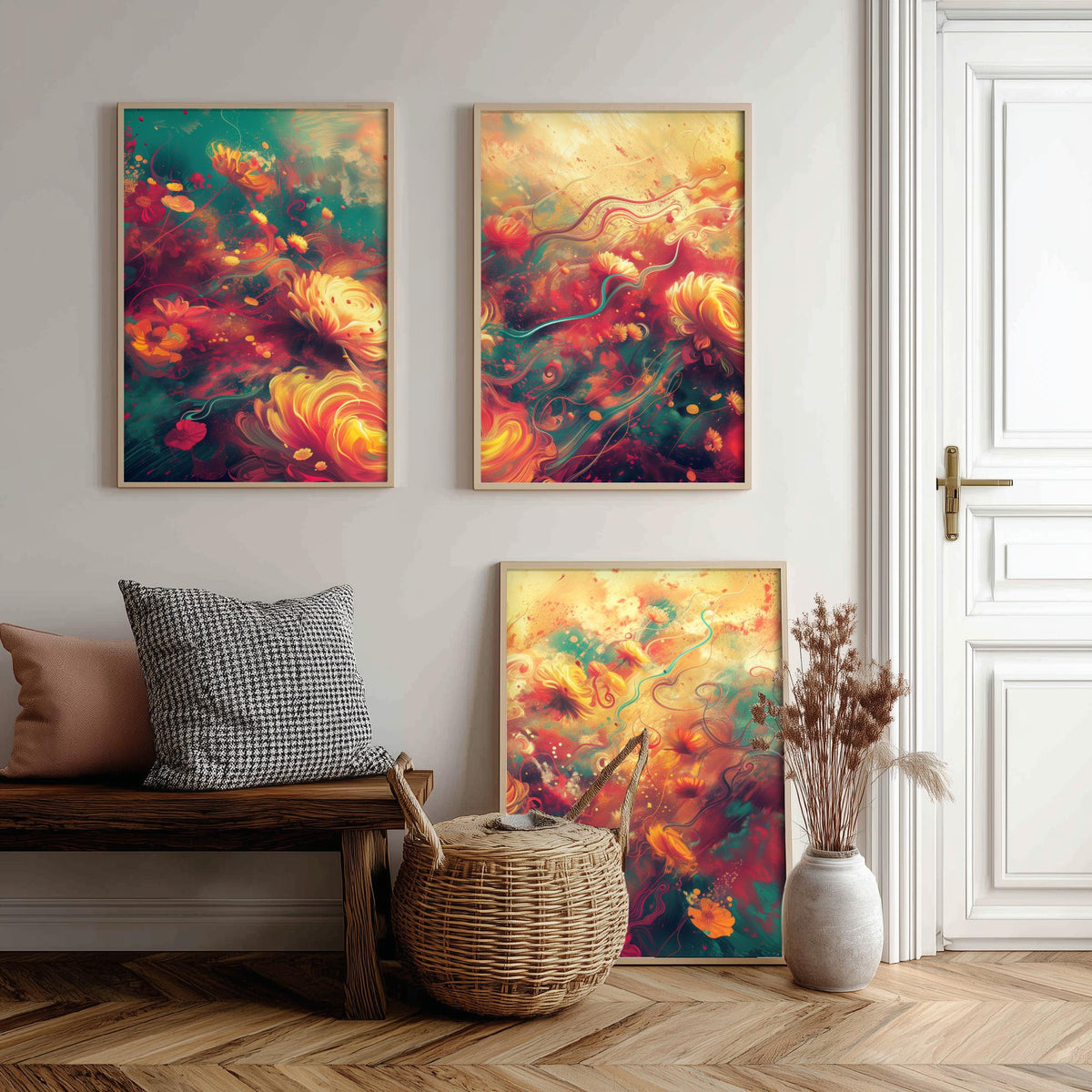 Ethereal Flowers Set of Three Art Prints - 3 Abstract Floral Posters - Teal Red Swirl Wall Art Gift Painting Botanical