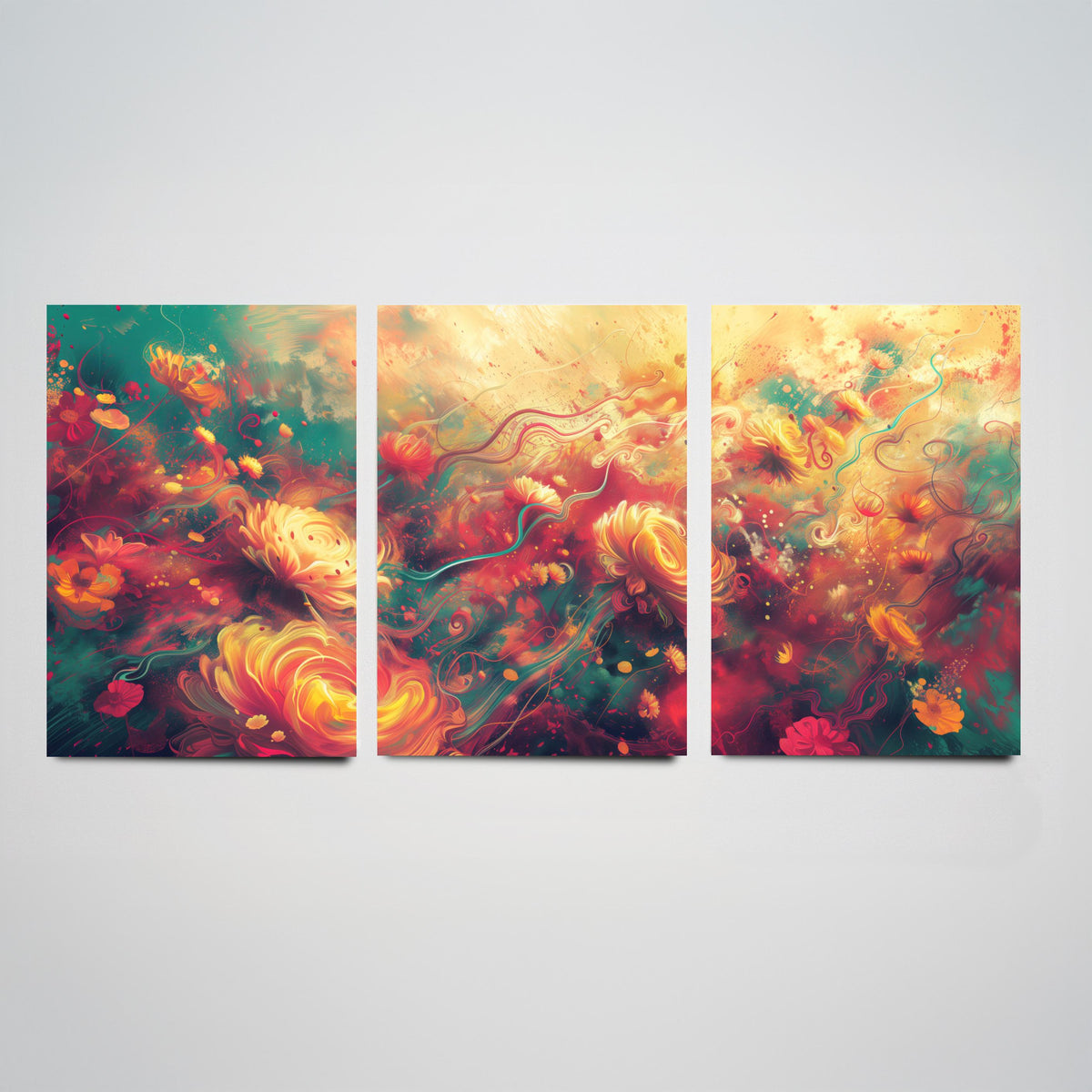 Ethereal Flowers Set of Three Art Prints - 3 Abstract Floral Posters - Teal Red Swirl Wall Art Gift Painting Botanical