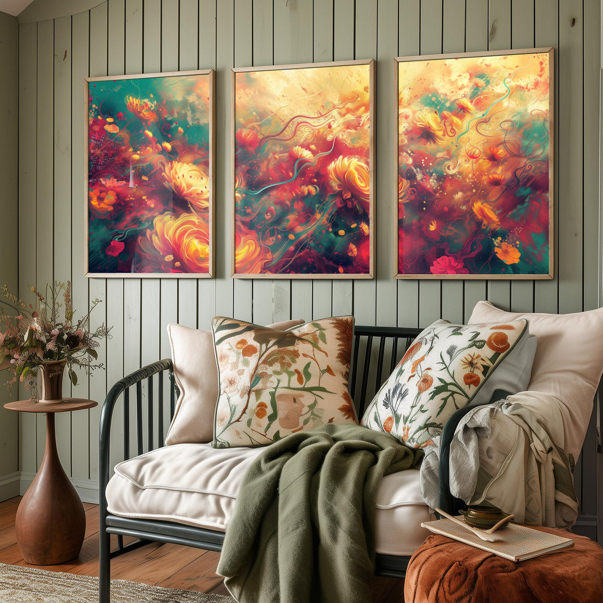 Ethereal Flowers Set of Three Art Prints - 3 Abstract Floral Posters - Teal Red Swirl Wall Art Gift Painting Botanical