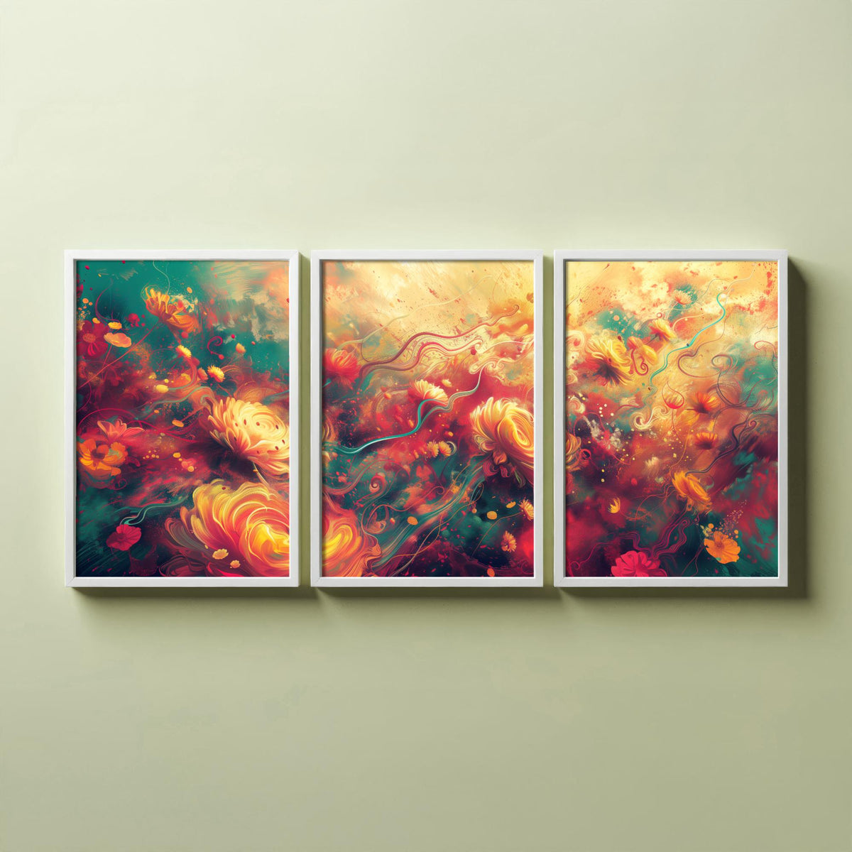 Ethereal Flowers Set of Three Art Prints - 3 Abstract Floral Posters - Teal Red Swirl Wall Art Gift Painting Botanical