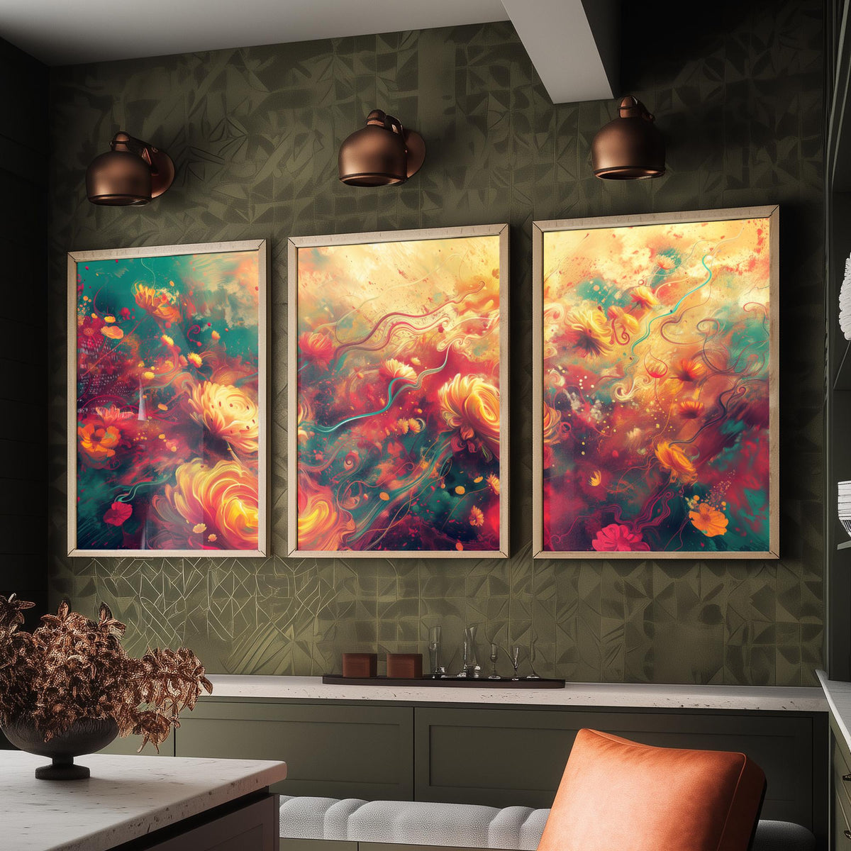 Ethereal Flowers Set of Three Art Prints - 3 Abstract Floral Posters - Teal Red Swirl Wall Art Gift Painting Botanical