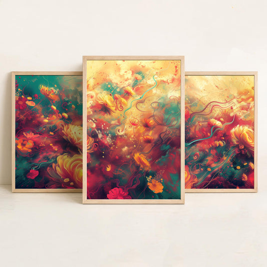 Ethereal Flowers Set of Three Art Prints - 3 Abstract Floral Posters - Teal Red Swirl Wall Art Gift Painting Botanical