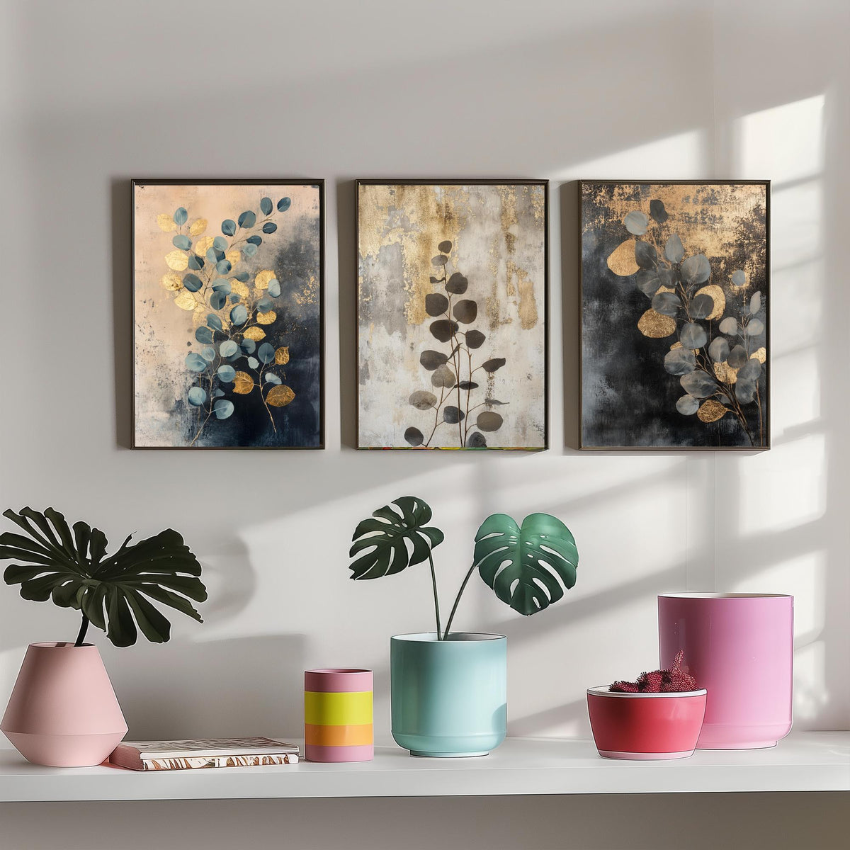 Eucalyptus Set of Three Art Prints V1 - 3 Gold Foil Botanical Posters - Navy Blue Gold Luxe Leaf Wall Art Gift Painting