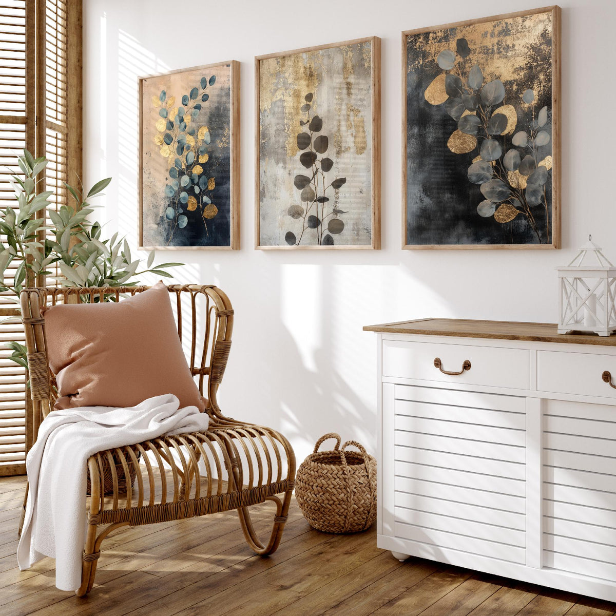 Eucalyptus Set of Three Art Prints V1 - 3 Gold Foil Botanical Posters - Navy Blue Gold Luxe Leaf Wall Art Gift Painting