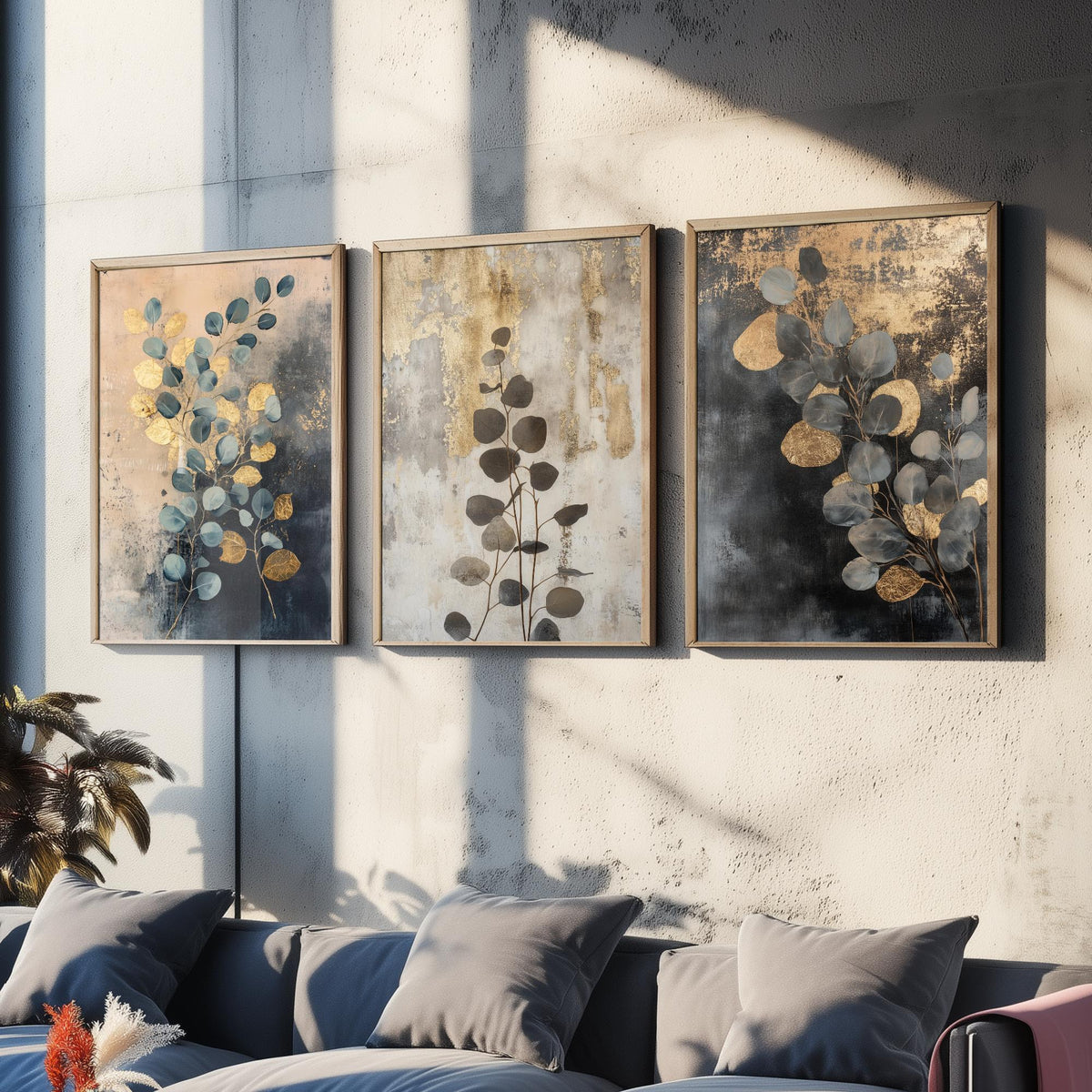 Eucalyptus Set of Three Art Prints V1 - 3 Gold Foil Botanical Posters - Navy Blue Gold Luxe Leaf Wall Art Gift Painting