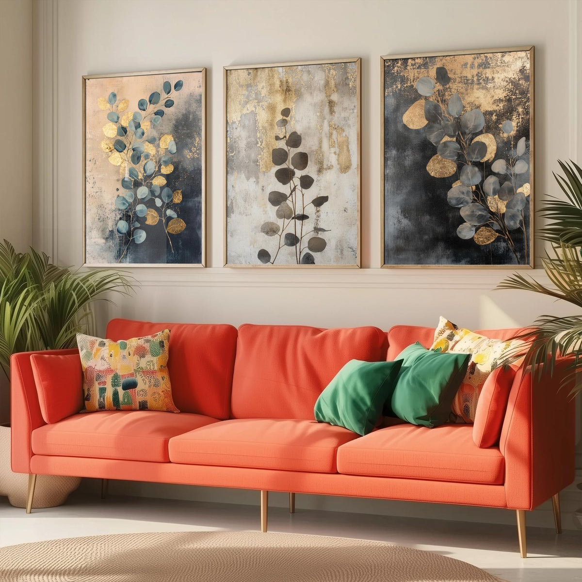 Eucalyptus Set of Three Art Prints V1 - 3 Gold Foil Botanical Posters - Navy Blue Gold Luxe Leaf Wall Art Gift Painting