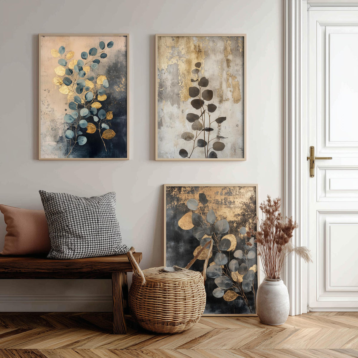 Eucalyptus Set of Three Art Prints V1 - 3 Gold Foil Botanical Posters - Navy Blue Gold Luxe Leaf Wall Art Gift Painting