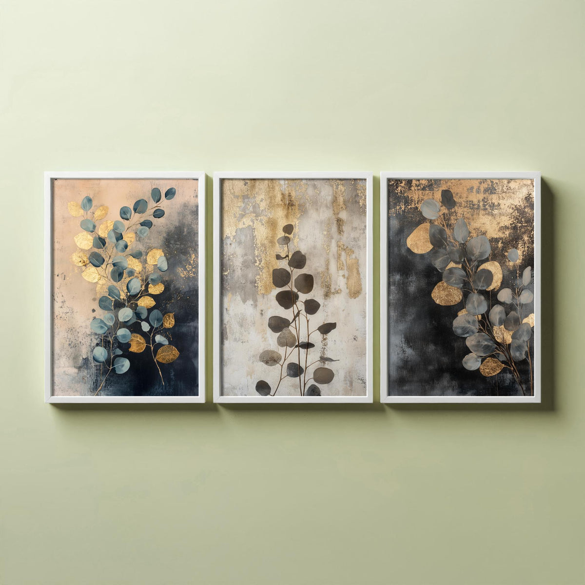 Eucalyptus Set of Three Art Prints V1 - 3 Gold Foil Botanical Posters - Navy Blue Gold Luxe Leaf Wall Art Gift Painting