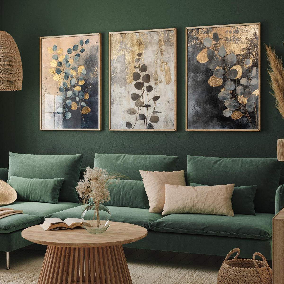 Eucalyptus Set of Three Art Prints V1 - 3 Gold Foil Botanical Posters - Navy Blue Gold Luxe Leaf Wall Art Gift Painting