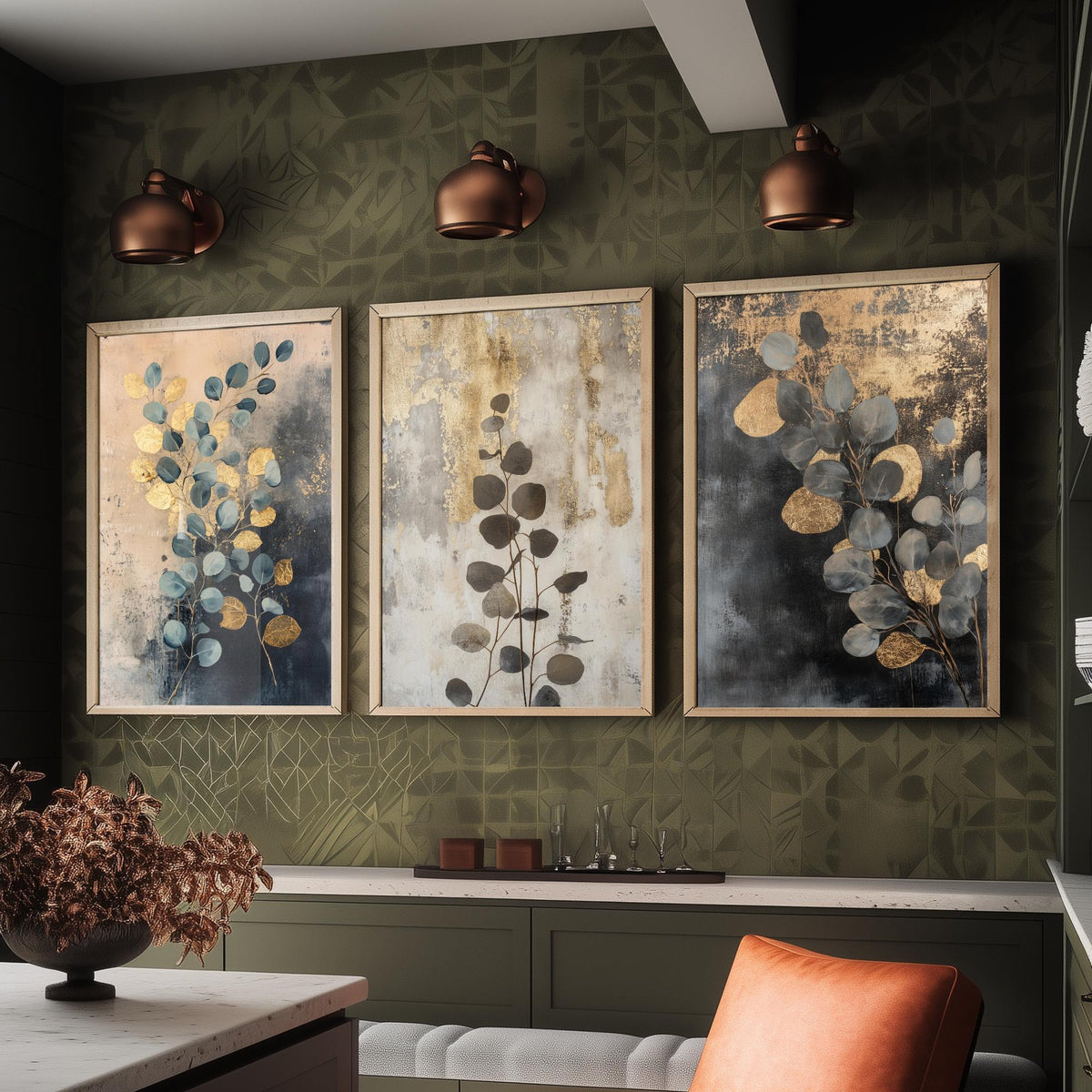 Eucalyptus Set of Three Art Prints V1 - 3 Gold Foil Botanical Posters - Navy Blue Gold Luxe Leaf Wall Art Gift Painting