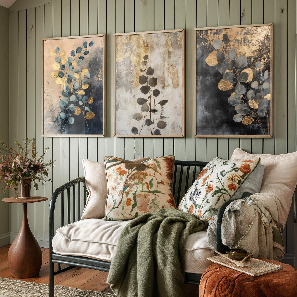 Eucalyptus Set of Three Art Prints V1 - 3 Gold Foil Botanical Posters - Navy Blue Gold Luxe Leaf Wall Art Gift Painting