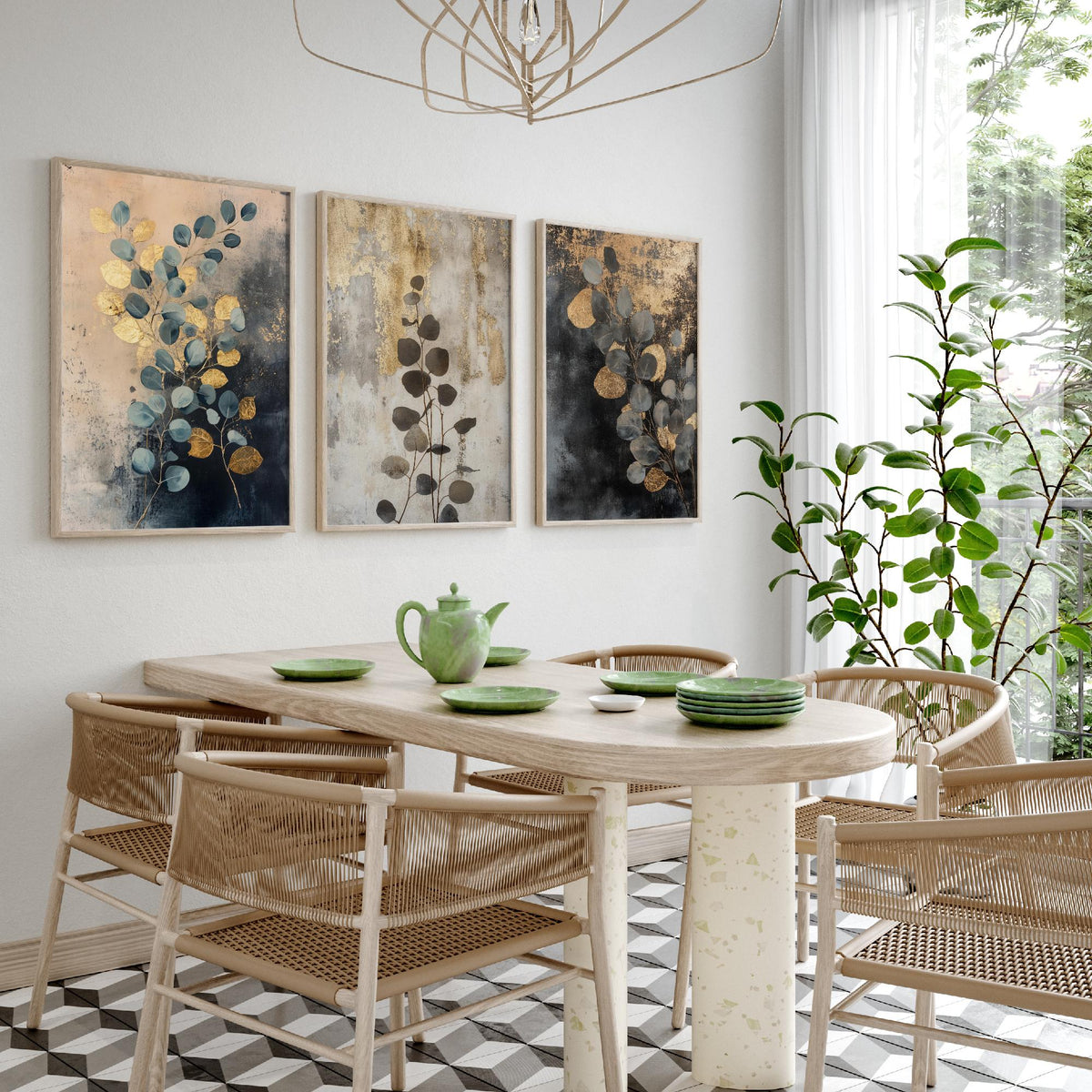 Eucalyptus Set of Three Art Prints V1 - 3 Gold Foil Botanical Posters - Navy Blue Gold Luxe Leaf Wall Art Gift Painting