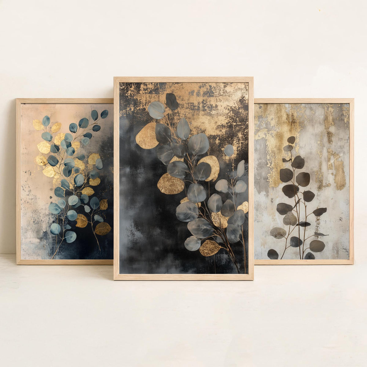 Eucalyptus Set of Three Art Prints V1 - 3 Gold Foil Botanical Posters - Navy Blue Gold Luxe Leaf Wall Art Gift Painting