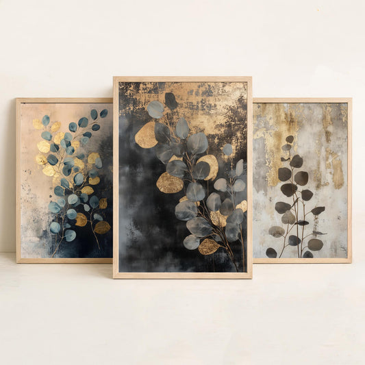 Eucalyptus Set of Three Art Prints V1 - 3 Gold Foil Botanical Posters - Navy Blue Gold Luxe Leaf Wall Art Gift Painting