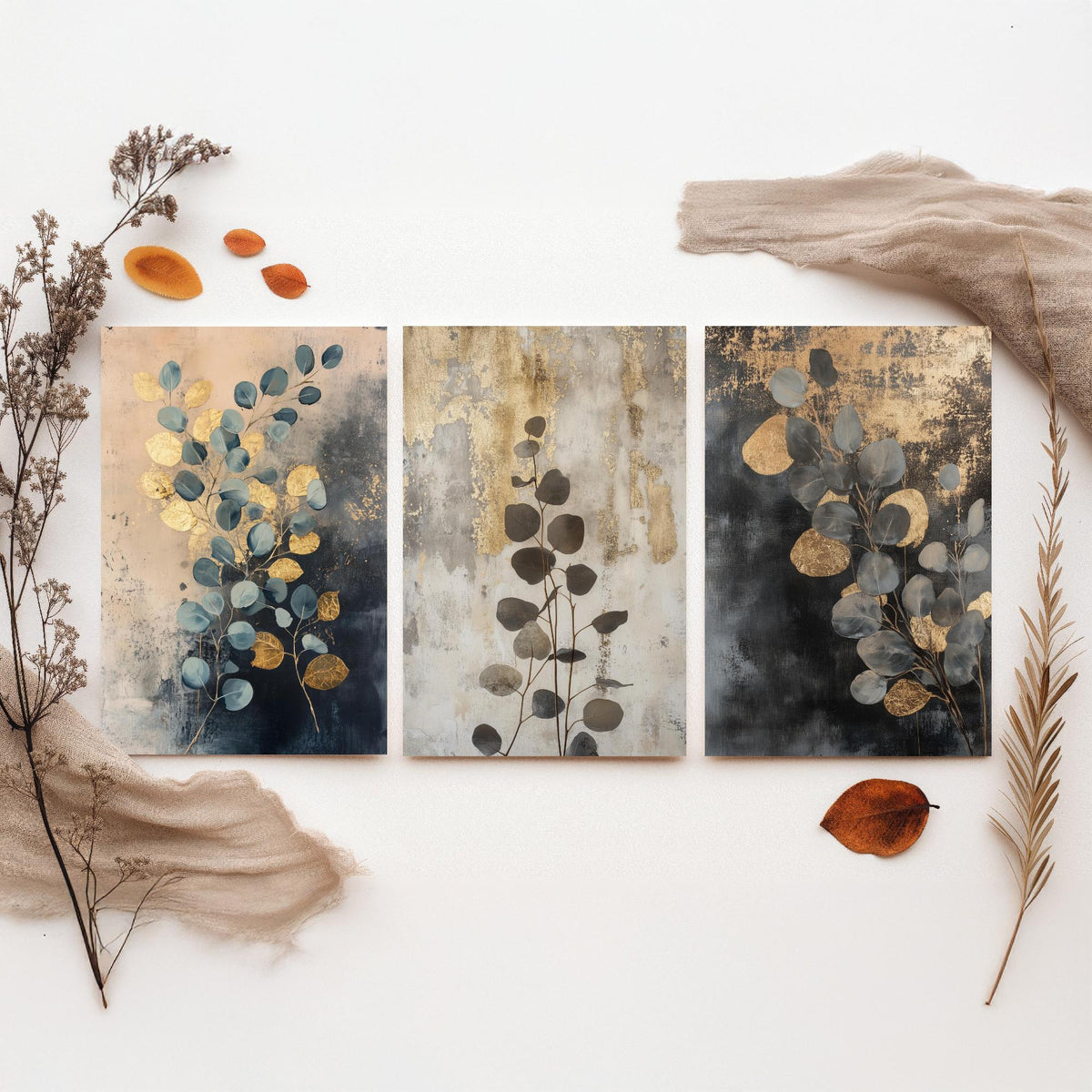Eucalyptus Set of Three Art Prints V1 - 3 Gold Foil Botanical Posters - Navy Blue Gold Luxe Leaf Wall Art Gift Painting