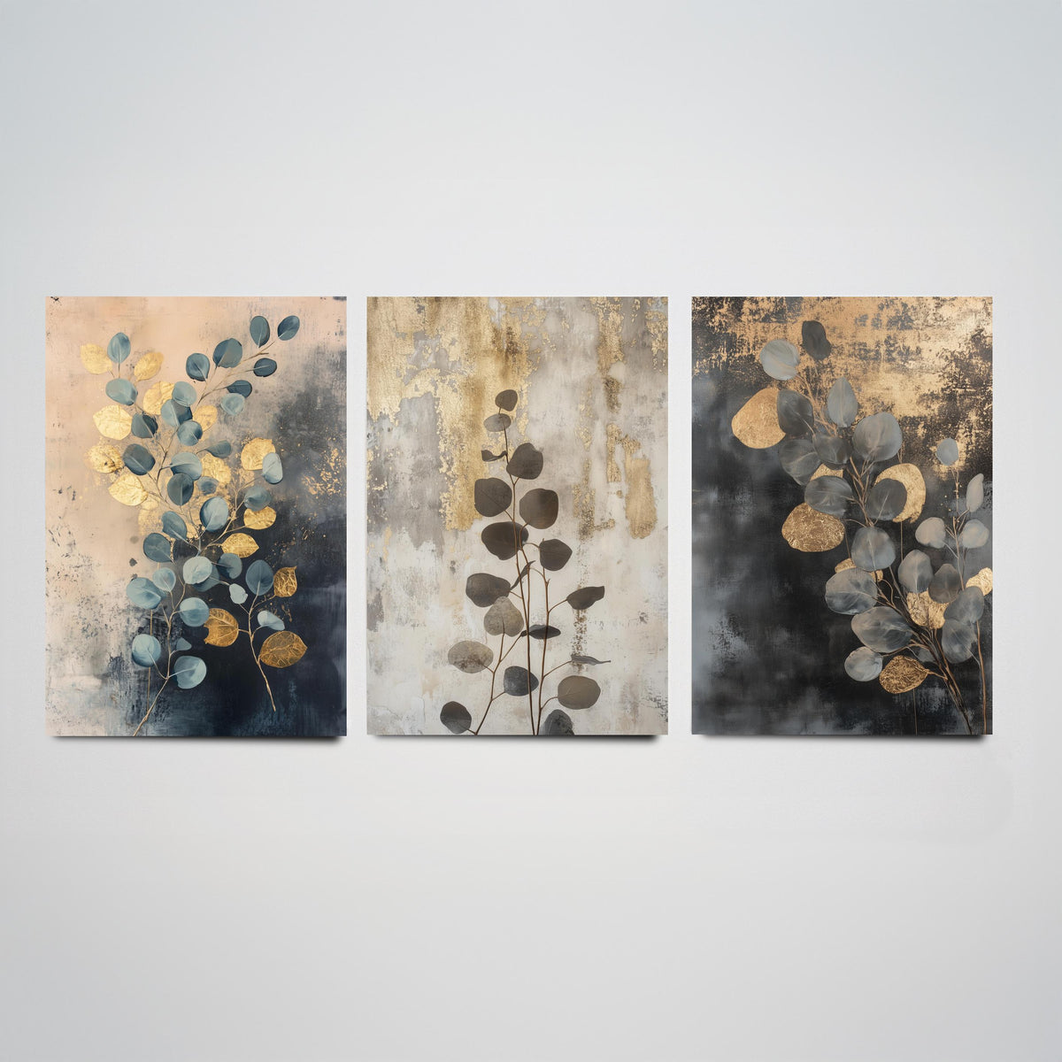 Eucalyptus Set of Three Art Prints V1 - 3 Gold Foil Botanical Posters - Navy Blue Gold Luxe Leaf Wall Art Gift Painting