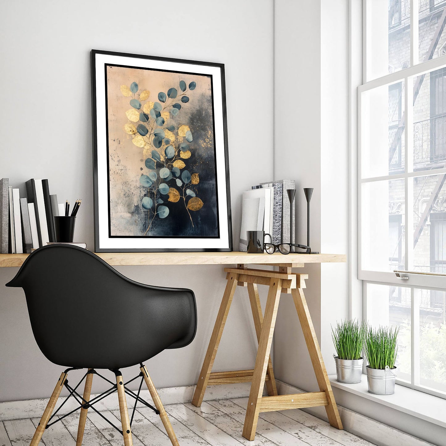 Gold Foil Eucalyptus Art Print - Botanical Leaf Poster - Blue Green Painting - Modern Foliage V1 1/3