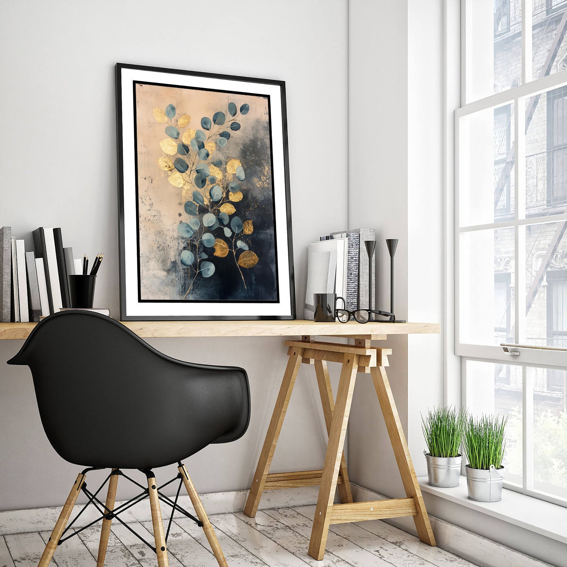 Gold Foil Eucalyptus Art Print - Botanical Leaf Poster - Blue Green Painting - Modern Foliage V1 1/3
