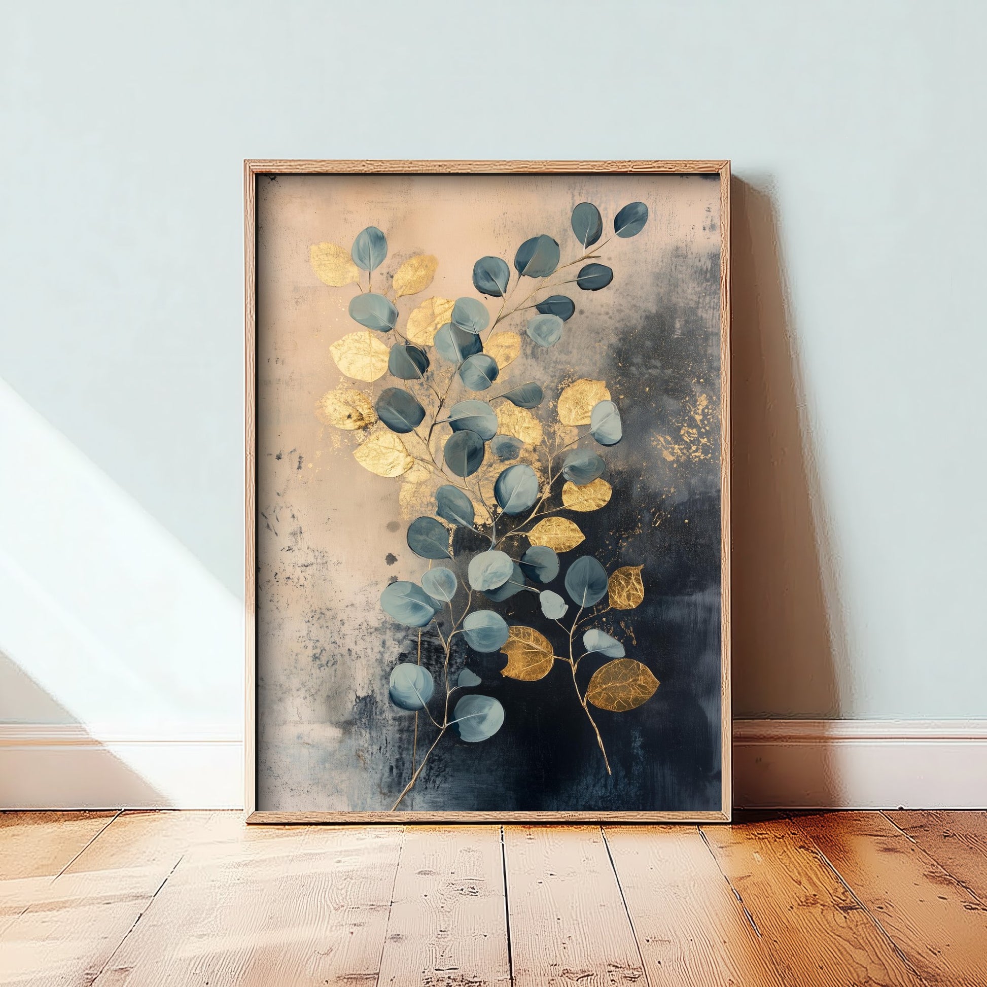 Gold Foil Eucalyptus Art Print - Botanical Leaf Poster - Blue Green Painting - Modern Foliage V1 1/3