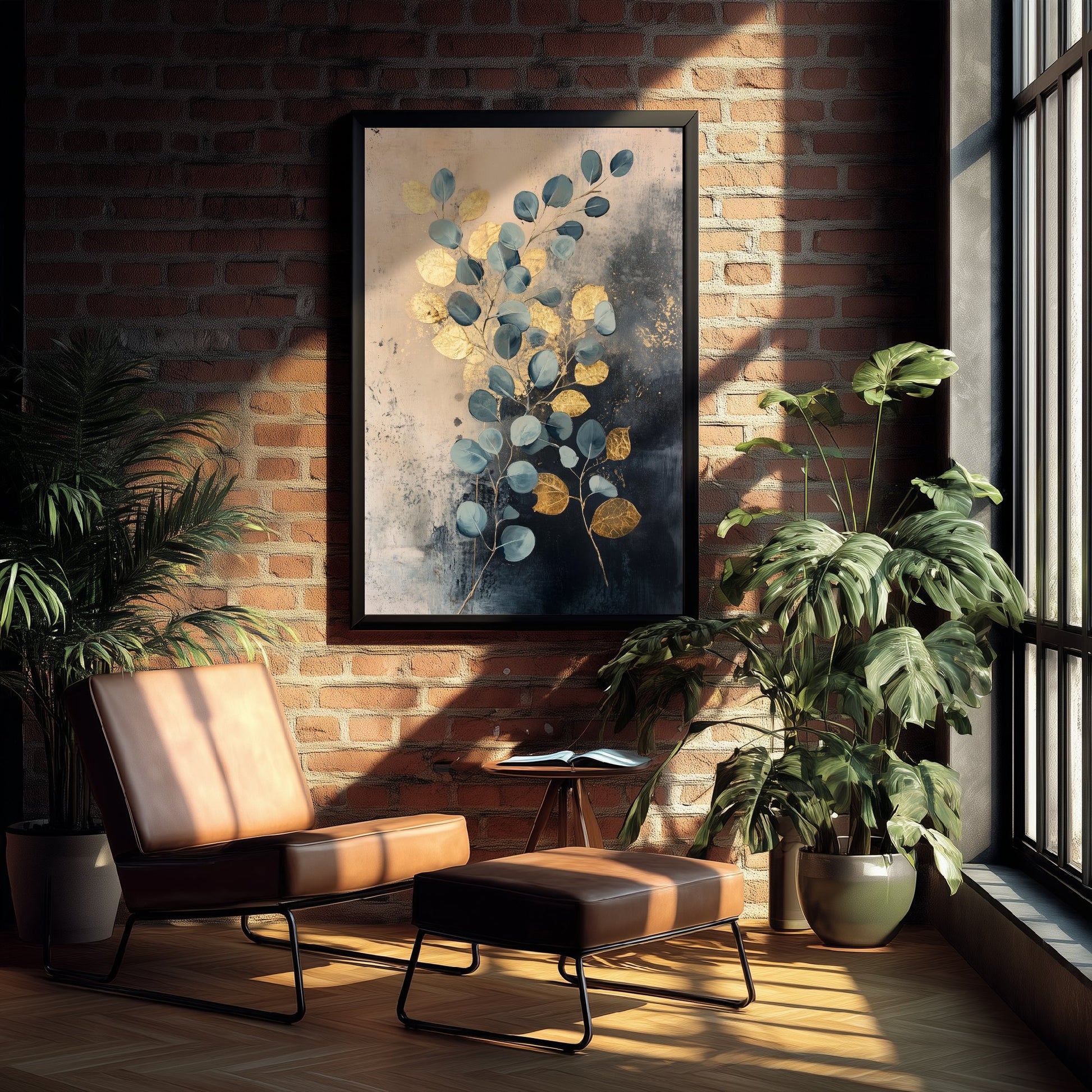 Gold Foil Eucalyptus Art Print - Botanical Leaf Poster - Blue Green Painting - Modern Foliage V1 1/3