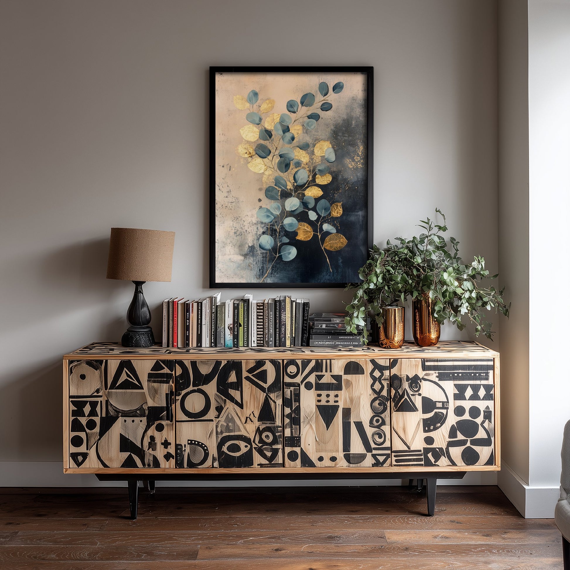 Gold Foil Eucalyptus Art Print - Botanical Leaf Poster - Blue Green Painting - Modern Foliage V1 1/3