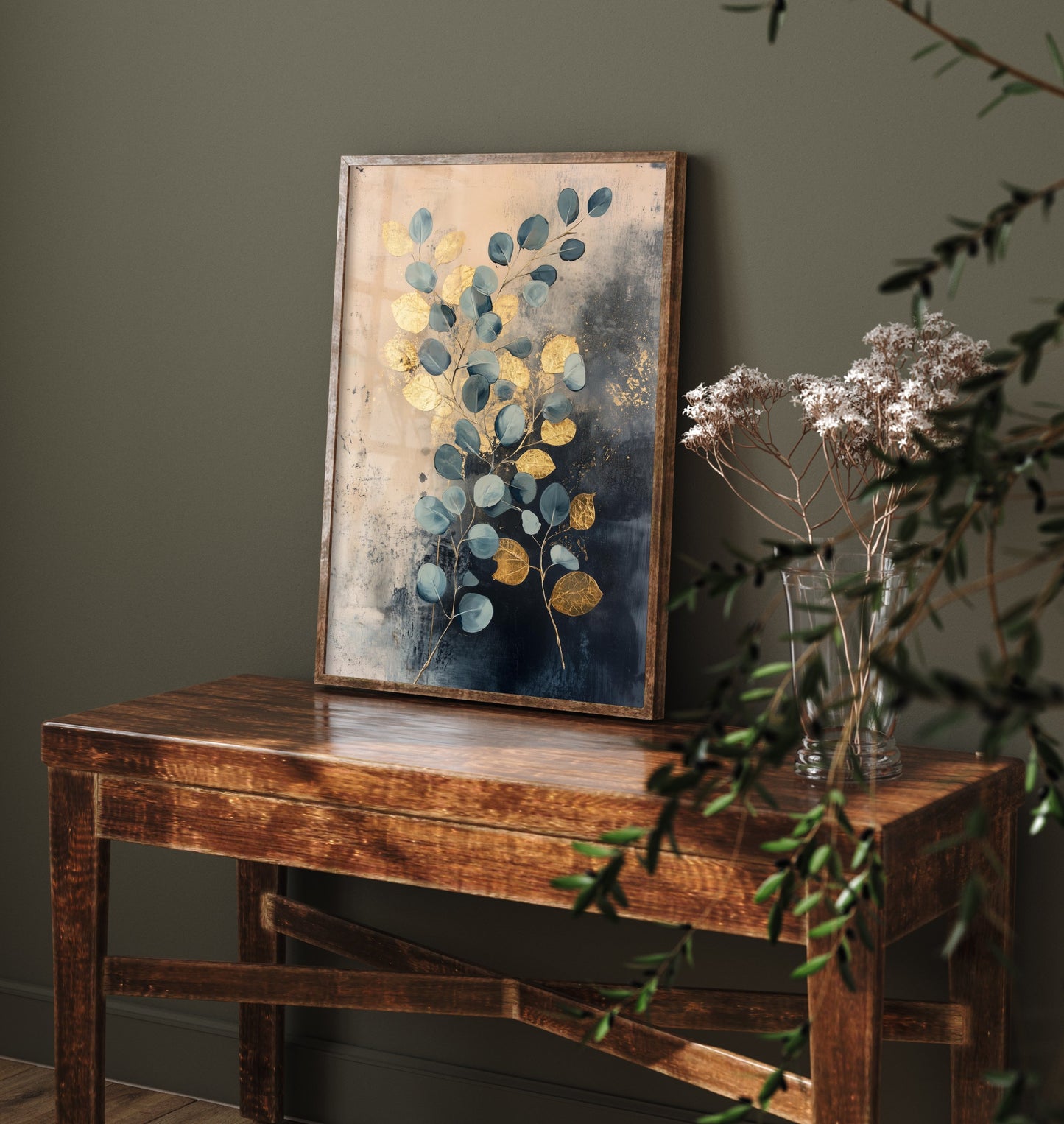 Gold Foil Eucalyptus Art Print - Botanical Leaf Poster - Blue Green Painting - Modern Foliage V1 1/3