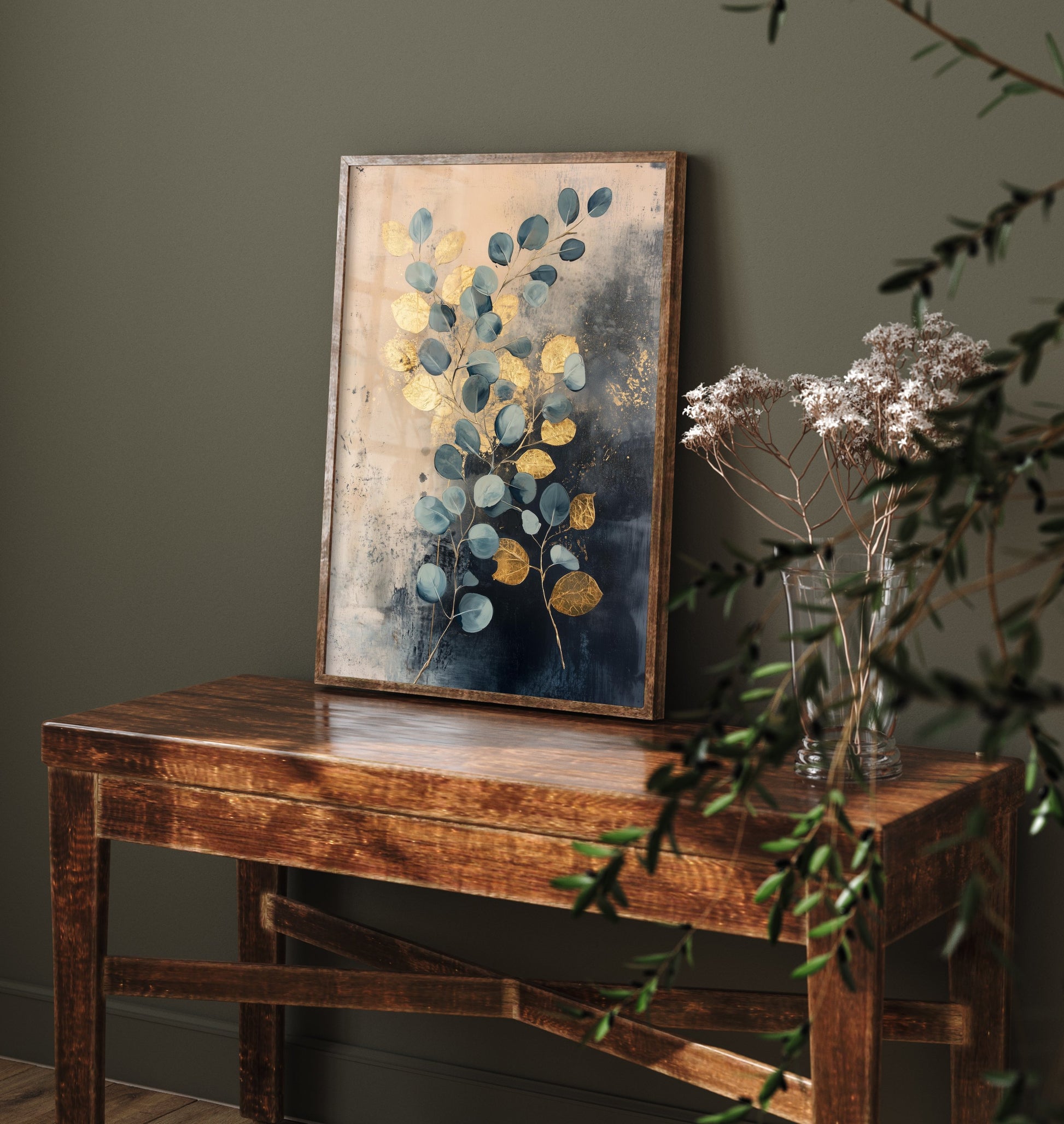 Gold Foil Eucalyptus Art Print - Botanical Leaf Poster - Blue Green Painting - Modern Foliage V1 1/3