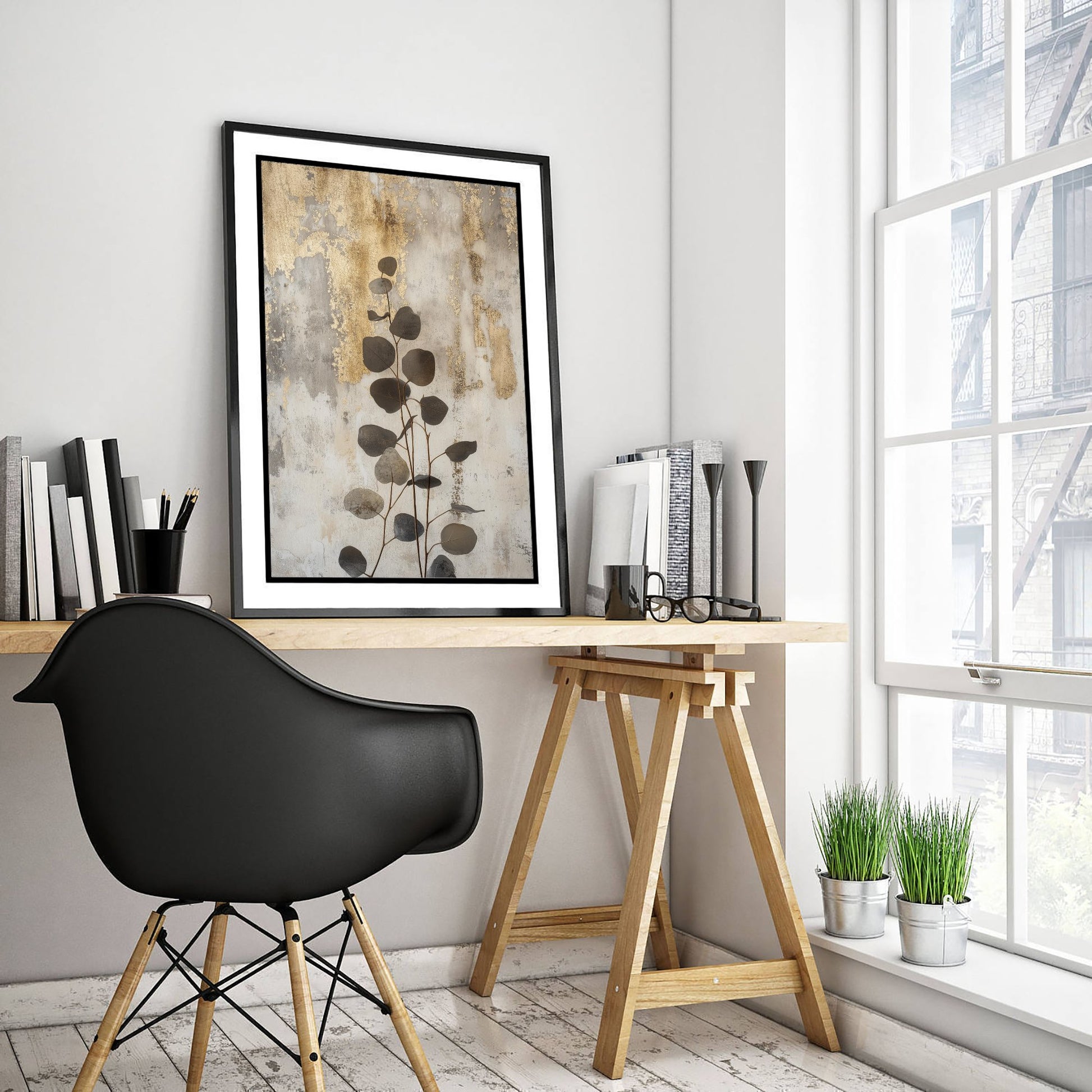 Gold Foil Eucalyptus Poster - Minimal Botanical Art Print - Grey Leaf Painting - Modern Foliage V1 2/3