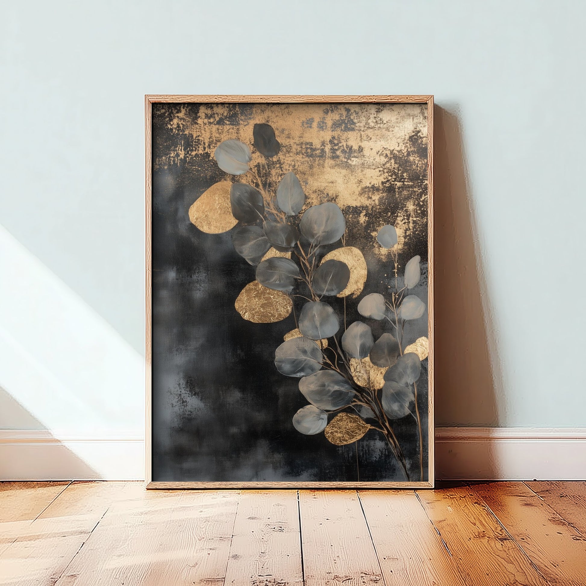 Gold Foil Eucalyptus Art Print - Silver Dollar Leaf Poster - Blue Gold Painting - Modern Foliage V1 3/3