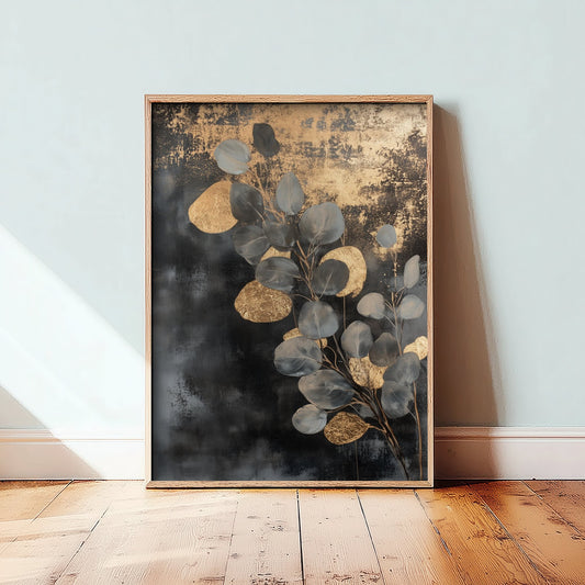 Gold Foil Eucalyptus Art Print - Silver Dollar Leaf Poster - Blue Gold Painting - Modern Foliage V1 3/3