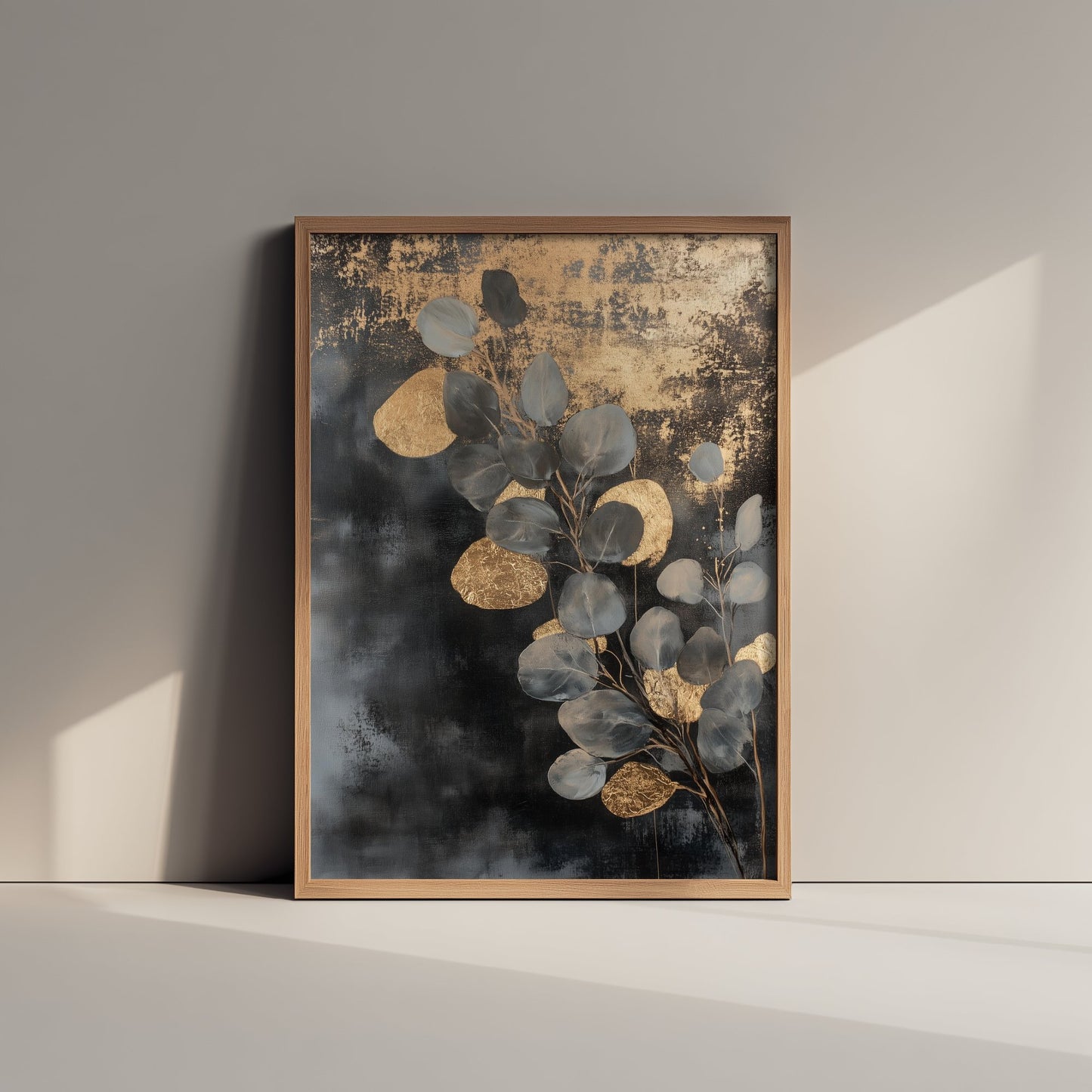 Gold Foil Eucalyptus Art Print - Silver Dollar Leaf Poster - Blue Gold Painting - Modern Foliage V1 3/3
