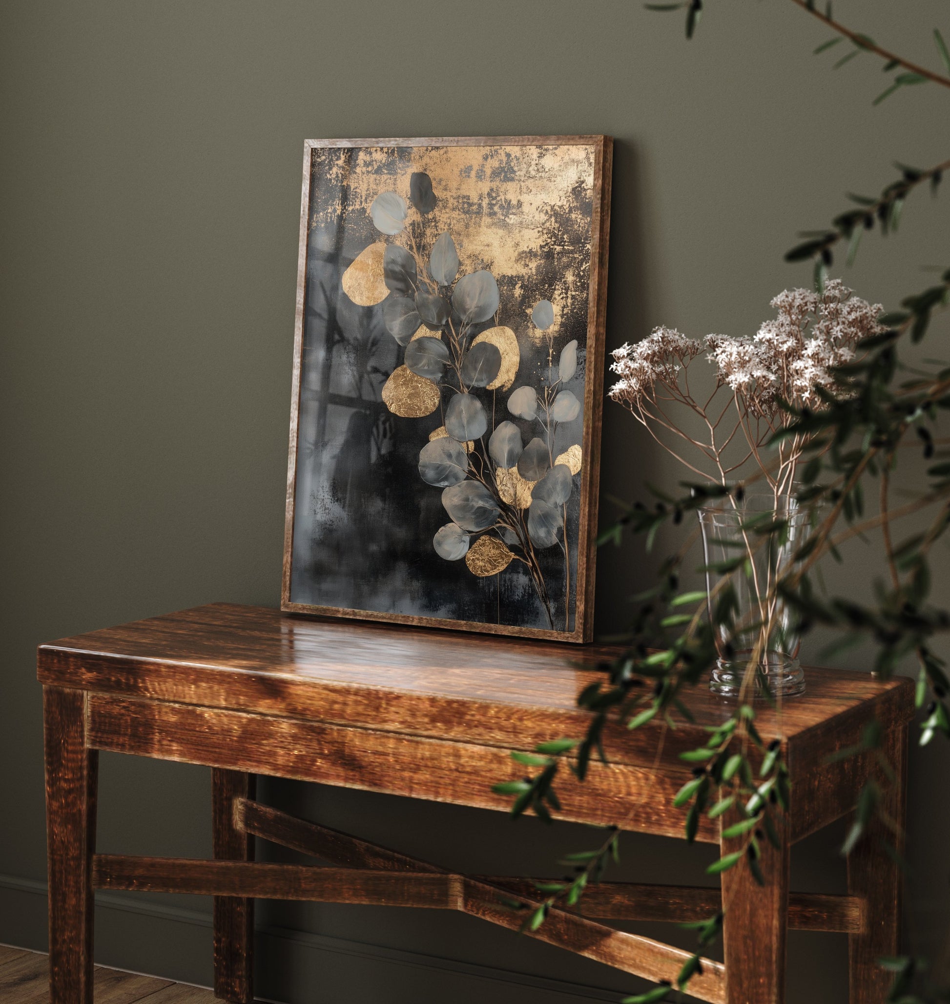 Gold Foil Eucalyptus Art Print - Silver Dollar Leaf Poster - Blue Gold Painting - Modern Foliage V1 3/3