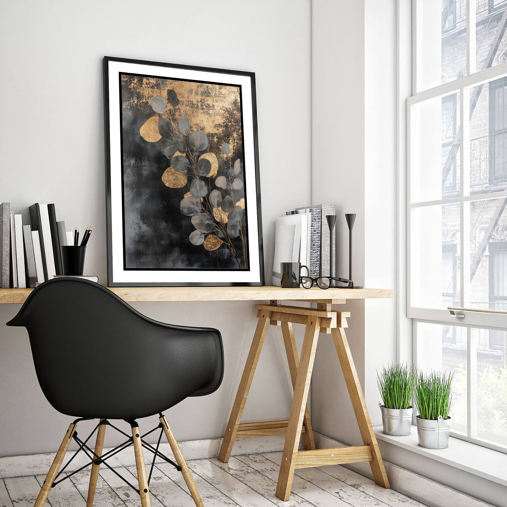 Gold Foil Eucalyptus Art Print - Silver Dollar Leaf Poster - Blue Gold Painting - Modern Foliage V1 3/3