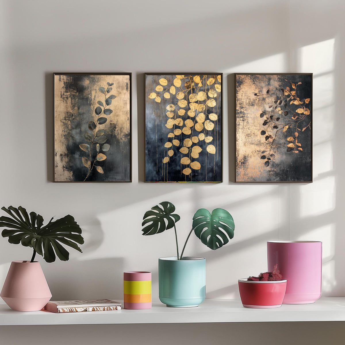 Eucalyptus Set of Three Art Prints V2 - 3 Gold Foil Botanical Posters - Charcoal Gold Luxe Leaf Wall Art Gift Painting