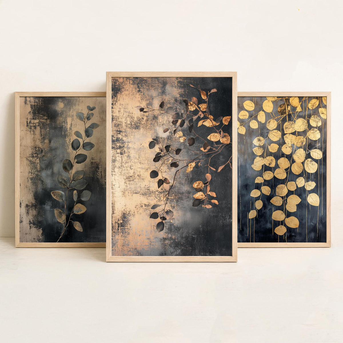 Eucalyptus Set of Three Art Prints V2 - 3 Gold Foil Botanical Posters - Charcoal Gold Luxe Leaf Wall Art Gift Painting