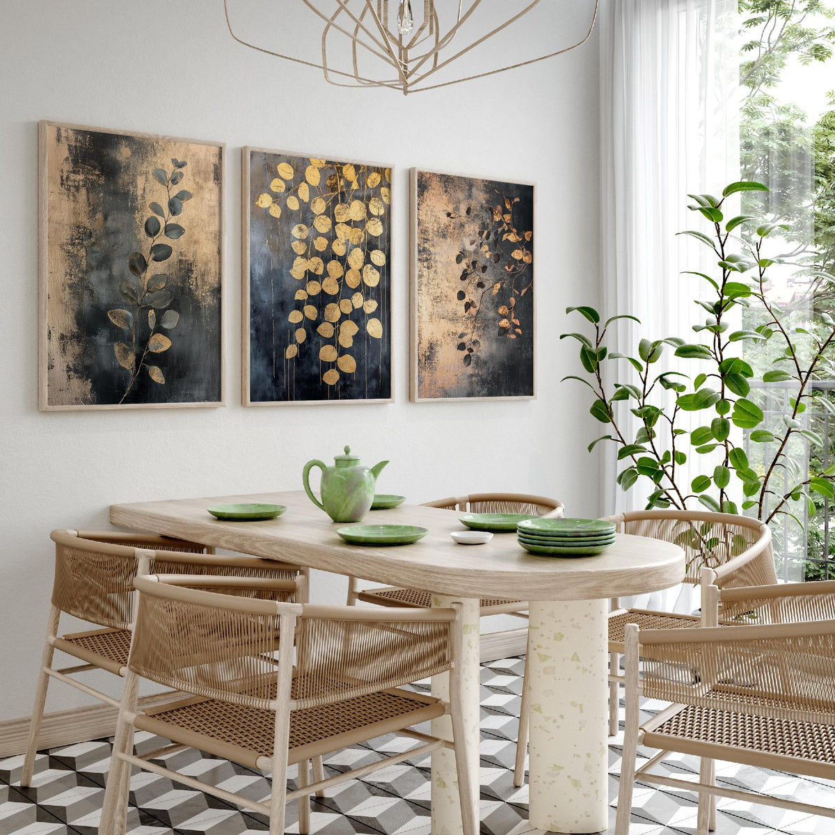 Eucalyptus Set of Three Art Prints V2 - 3 Gold Foil Botanical Posters - Charcoal Gold Luxe Leaf Wall Art Gift Painting