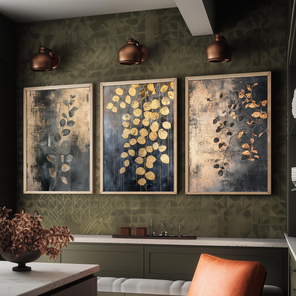Eucalyptus Set of Three Art Prints V2 - 3 Gold Foil Botanical Posters - Charcoal Gold Luxe Leaf Wall Art Gift Painting