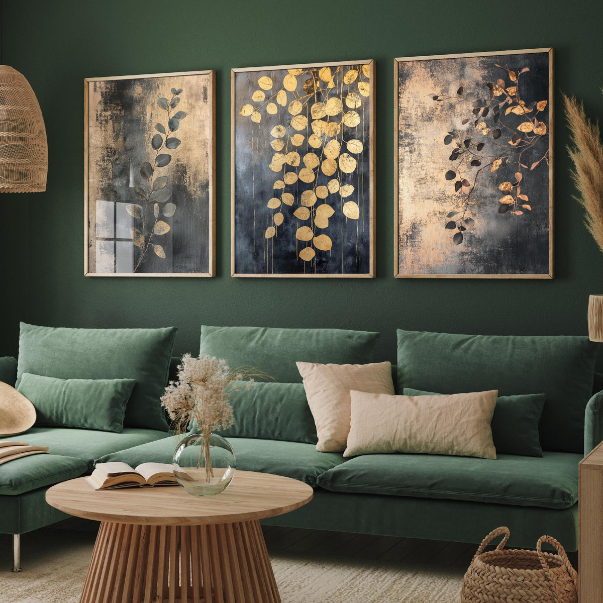 Eucalyptus Set of Three Art Prints V2 - 3 Gold Foil Botanical Posters - Charcoal Gold Luxe Leaf Wall Art Gift Painting