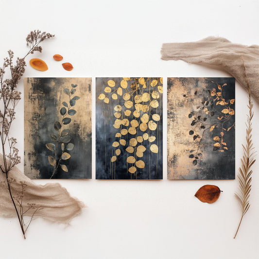 Eucalyptus Set of Three Art Prints V2 - 3 Gold Foil Botanical Posters - Charcoal Gold Luxe Leaf Wall Art Gift Painting