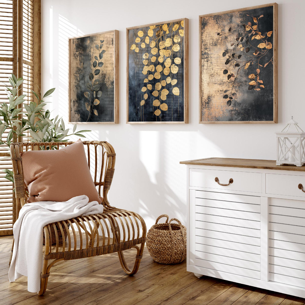 Eucalyptus Set of Three Art Prints V2 - 3 Gold Foil Botanical Posters - Charcoal Gold Luxe Leaf Wall Art Gift Painting