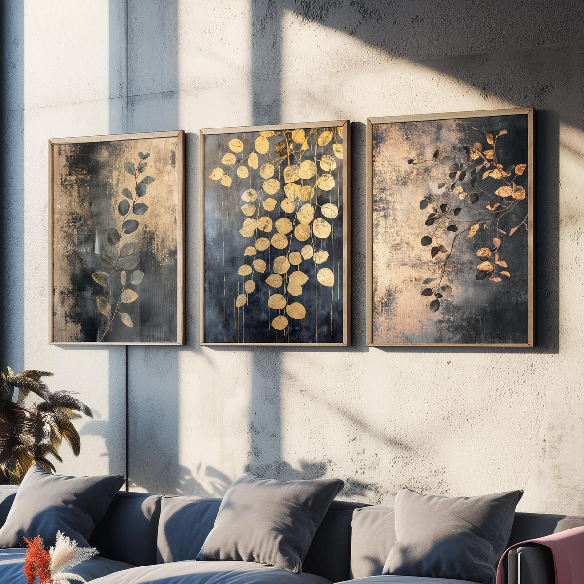 Eucalyptus Set of Three Art Prints V2 - 3 Gold Foil Botanical Posters - Charcoal Gold Luxe Leaf Wall Art Gift Painting