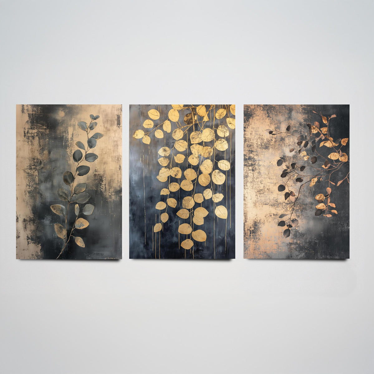 Eucalyptus Set of Three Art Prints V2 - 3 Gold Foil Botanical Posters - Charcoal Gold Luxe Leaf Wall Art Gift Painting