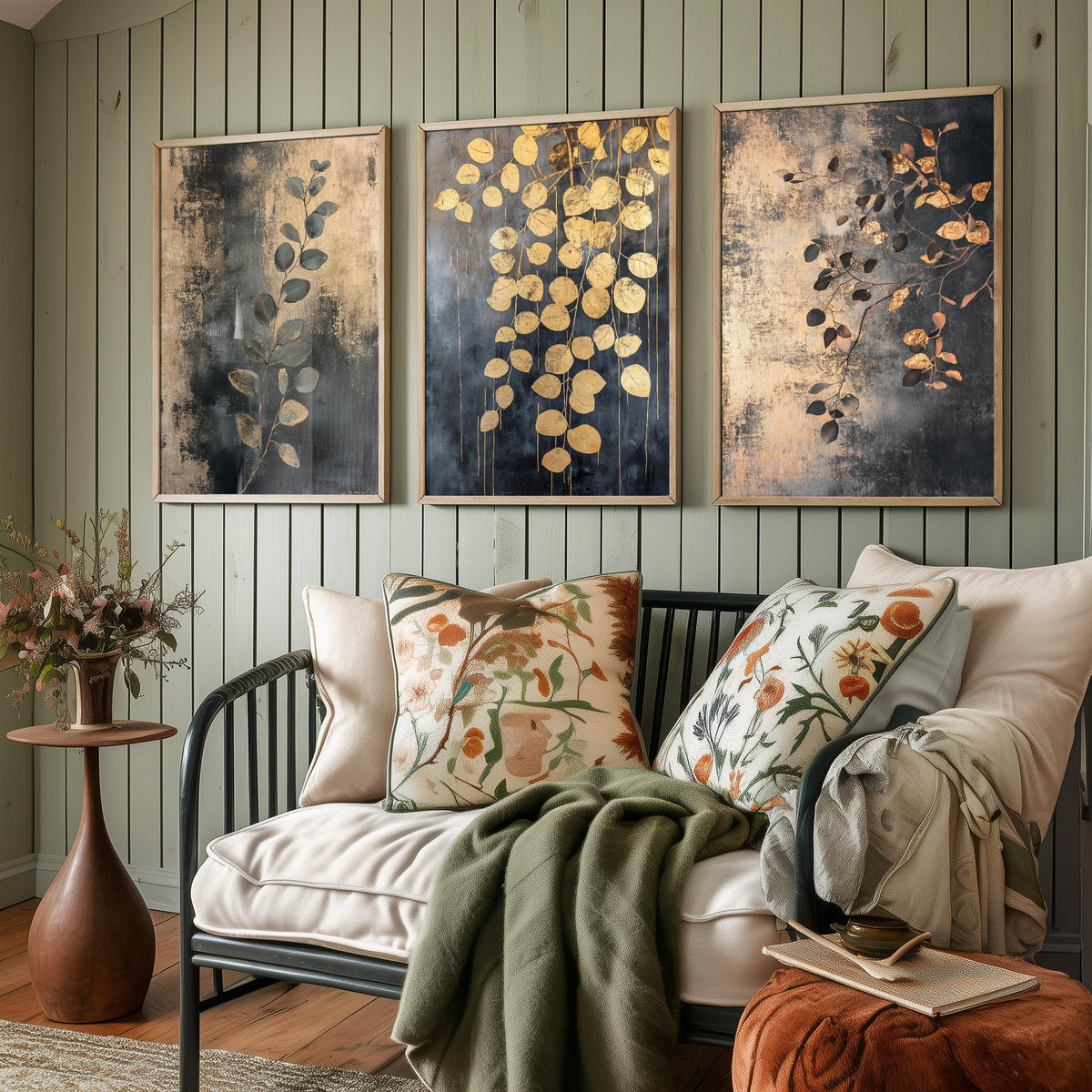 Eucalyptus Set of Three Art Prints V2 - 3 Gold Foil Botanical Posters - Charcoal Gold Luxe Leaf Wall Art Gift Painting