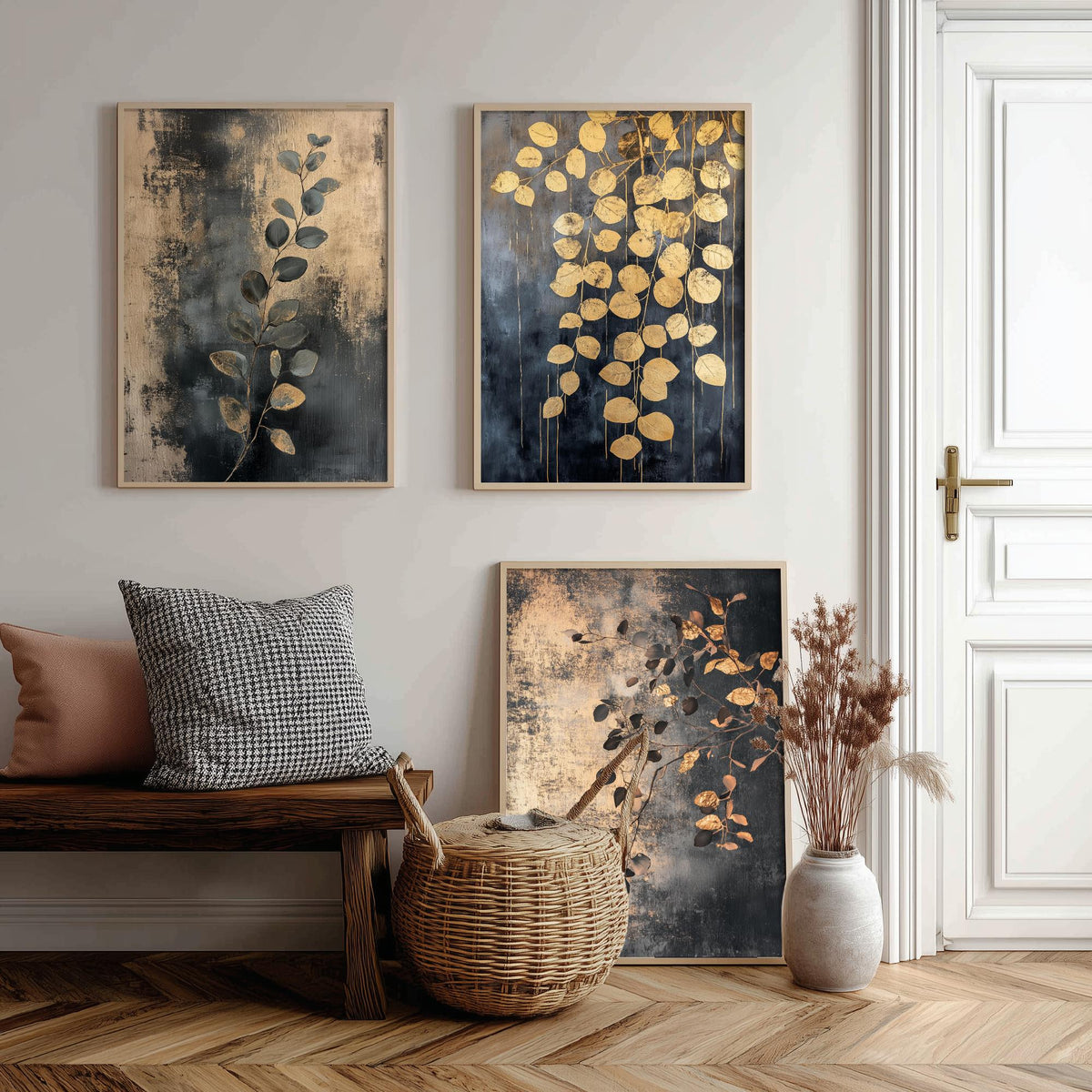 Eucalyptus Set of Three Art Prints V2 - 3 Gold Foil Botanical Posters - Charcoal Gold Luxe Leaf Wall Art Gift Painting