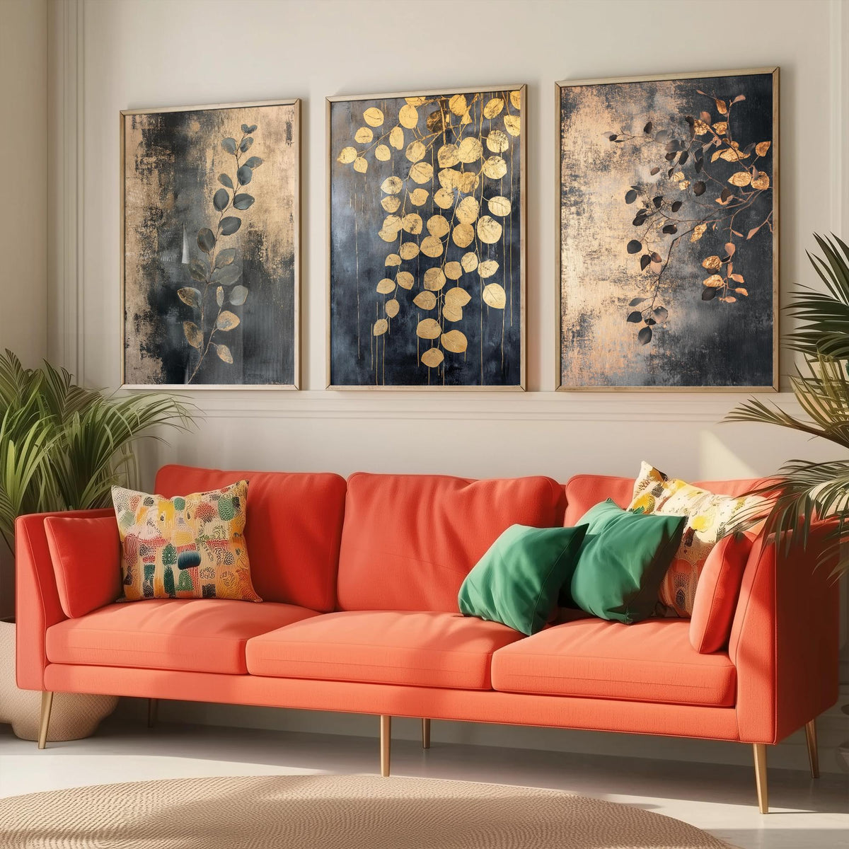 Eucalyptus Set of Three Art Prints V2 - 3 Gold Foil Botanical Posters - Charcoal Gold Luxe Leaf Wall Art Gift Painting