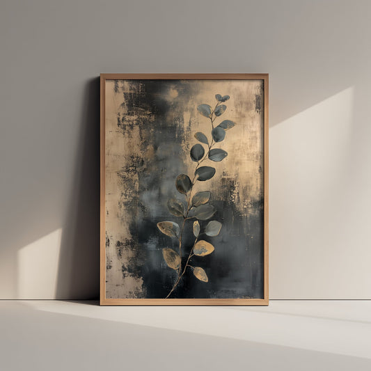 Gold Foil Eucalyptus Poster - Botanical Sprig Art Print - Blue Grey Painting - Modern Foliage V2 1/3