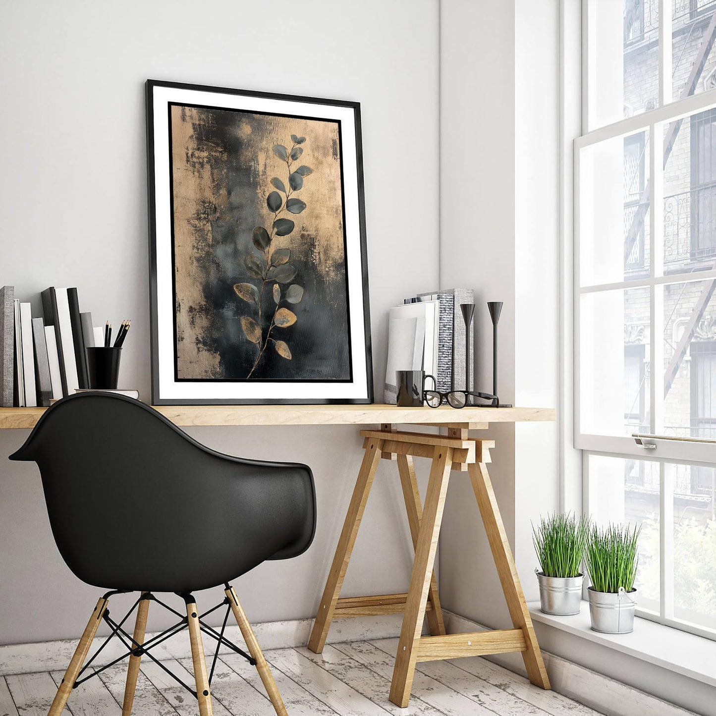 Gold Foil Eucalyptus Poster - Botanical Sprig Art Print - Blue Grey Painting - Modern Foliage V2 1/3